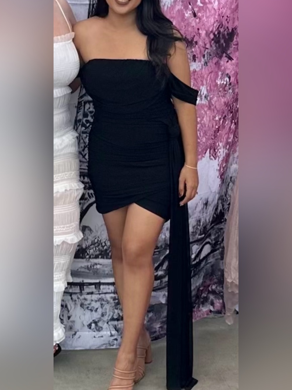 cameo Black One-Shoulder Ruched Mini Dress with Draped Sash
